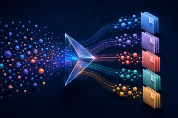 Abstract research map connecting search queries, audience intent, clusters and page decisions