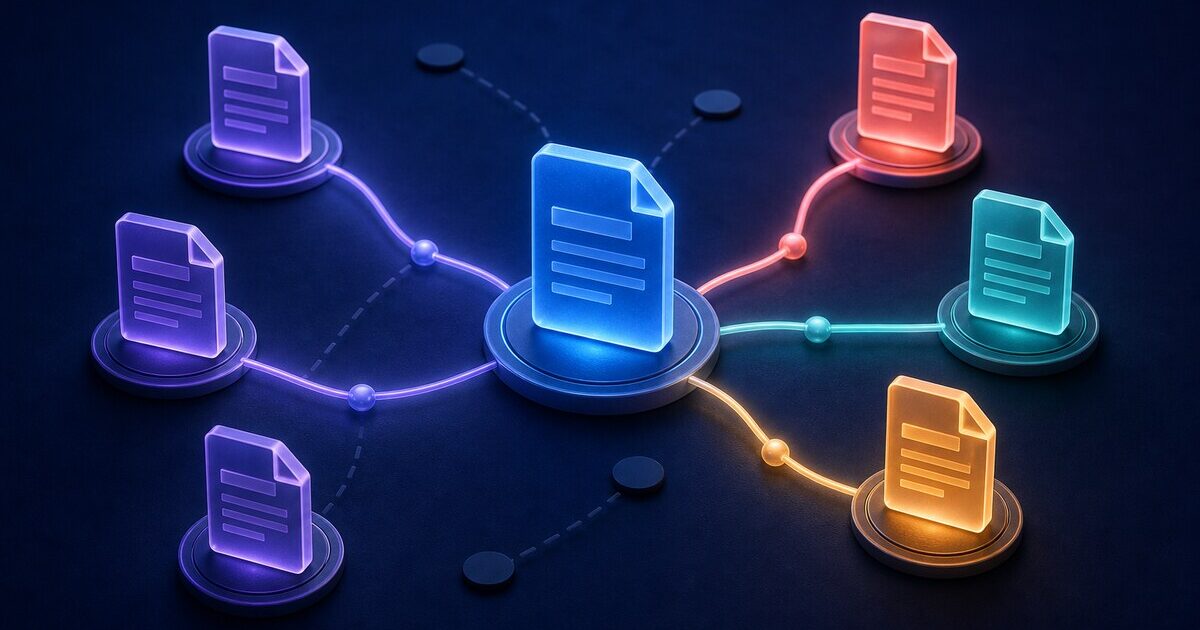 Abstract website knowledge graph linking pillar, peer and supporting pages with clear routes