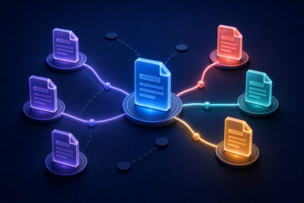 Abstract website knowledge graph linking pillar, peer and supporting pages with clear routes