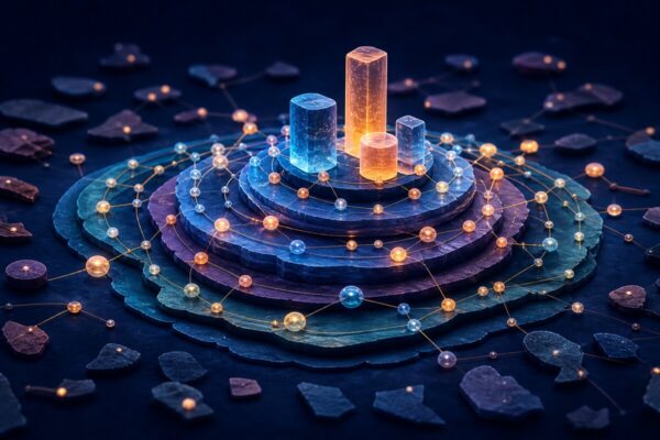 Abstract authority landscape built from focused topic depth, evidence, trusted sources and connected pages