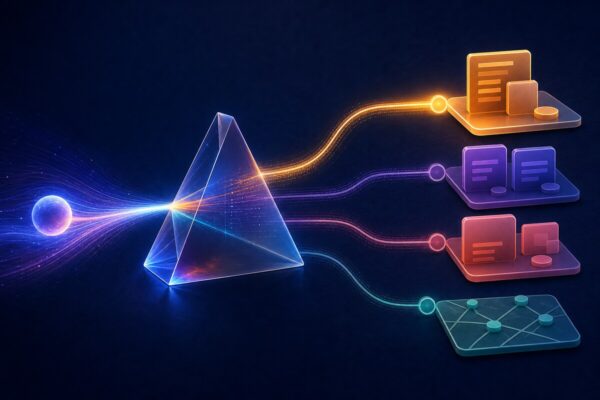 Abstract search journey branching from one query into learn, compare, act and troubleshoot page paths