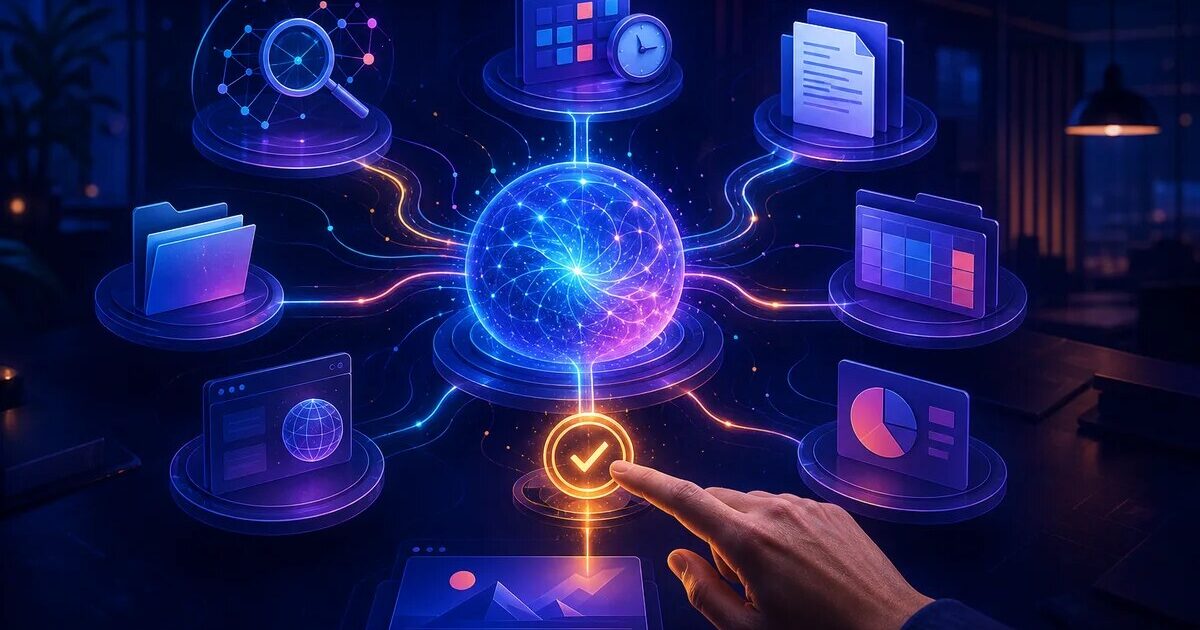 Human-guided AI work hub connecting research, files, scheduled tasks, documents and analytics