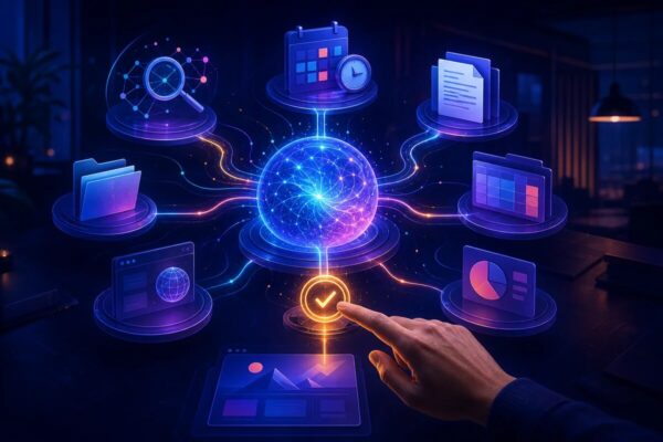 Human-guided AI work hub connecting research, files, scheduled tasks, documents and analytics