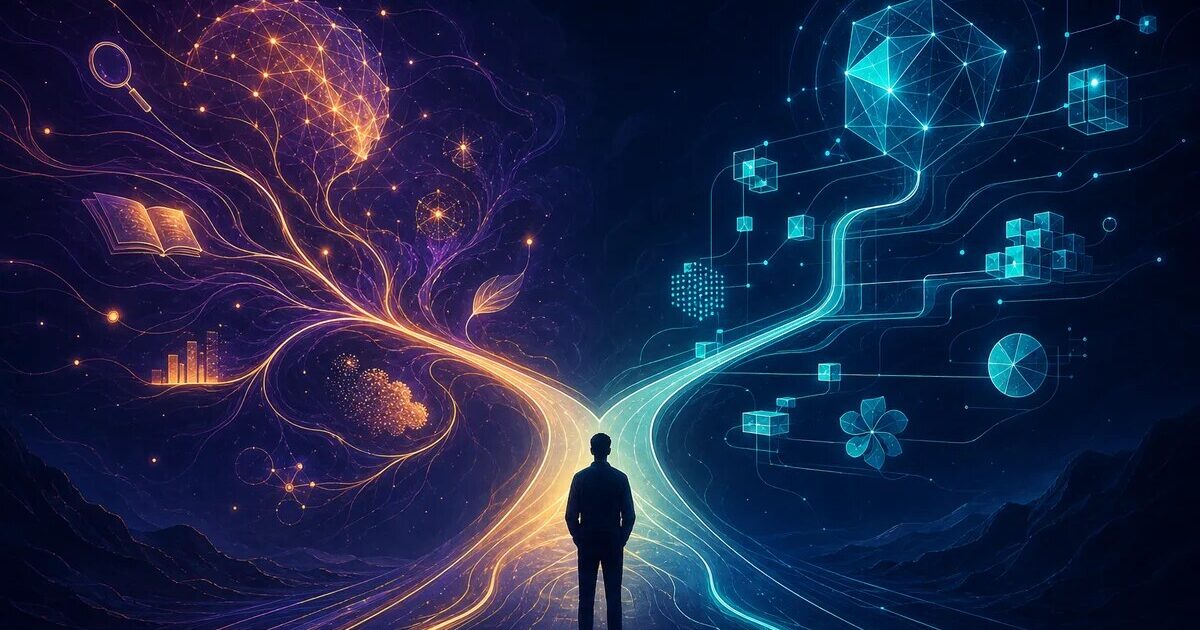 Abstract forked paths comparing Claude Fable 5 and Sonnet 5 for marketing workflows