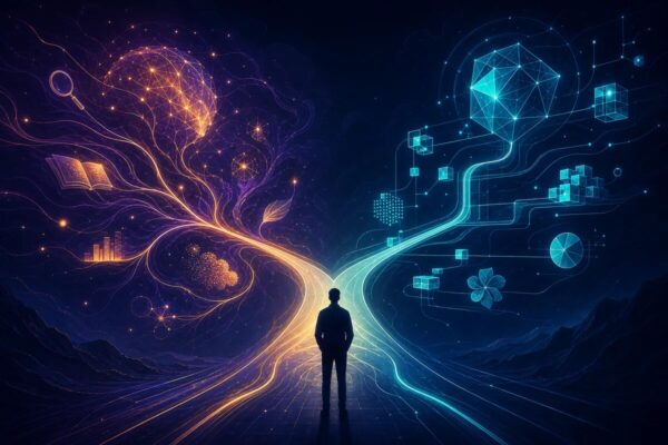 Abstract forked paths comparing Claude Fable 5 and Sonnet 5 for marketing workflows
