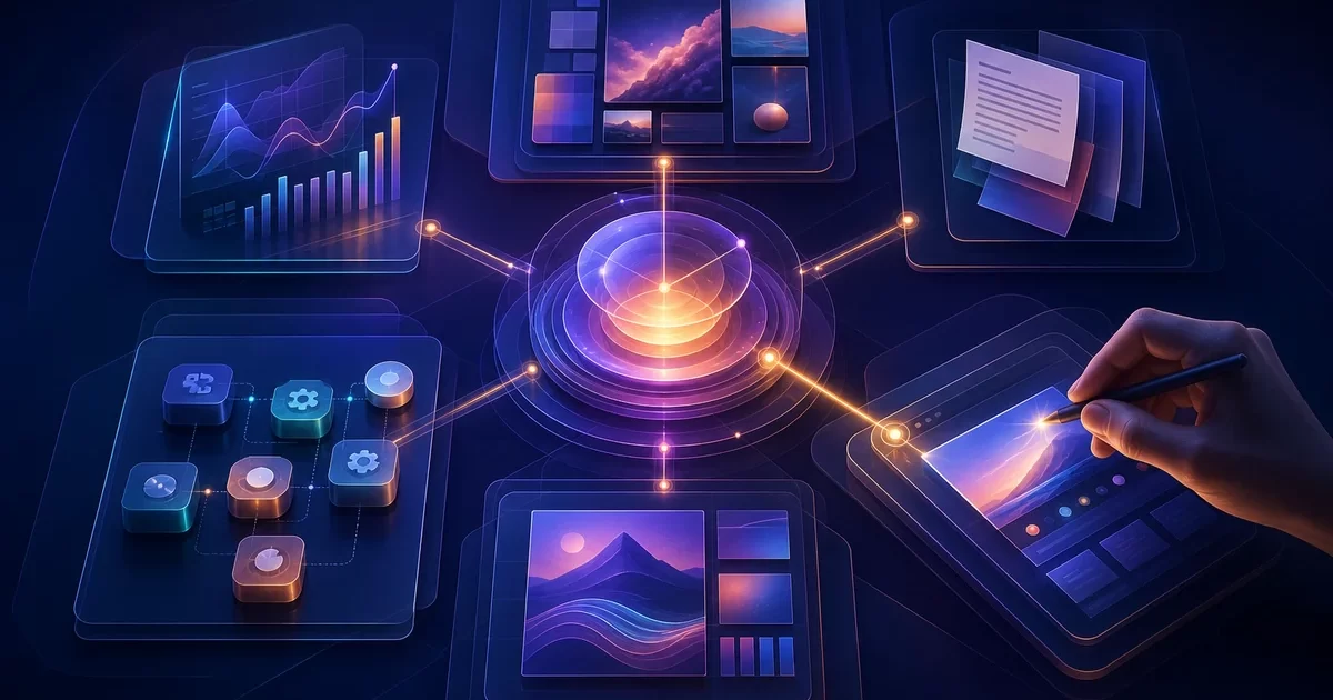 Connected analytics, creative, document and website modules representing Codex workflows for marketers