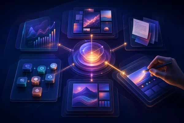 Connected analytics, creative, document and website modules representing Codex workflows for marketers