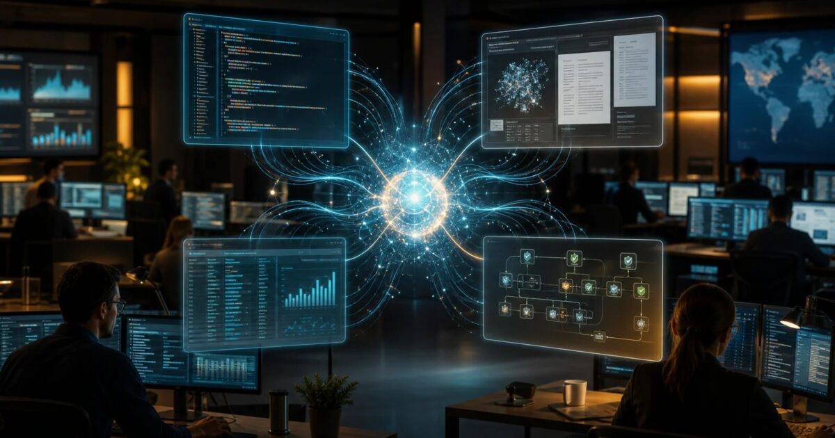 Newsroom-style visualization of Claude Opus 5 launching across coding, research and enterprise workflows.