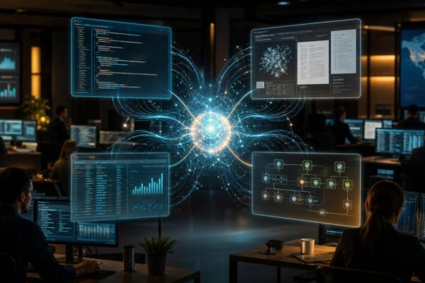 Newsroom-style visualization of Claude Opus 5 launching across coding, research and enterprise workflows.
