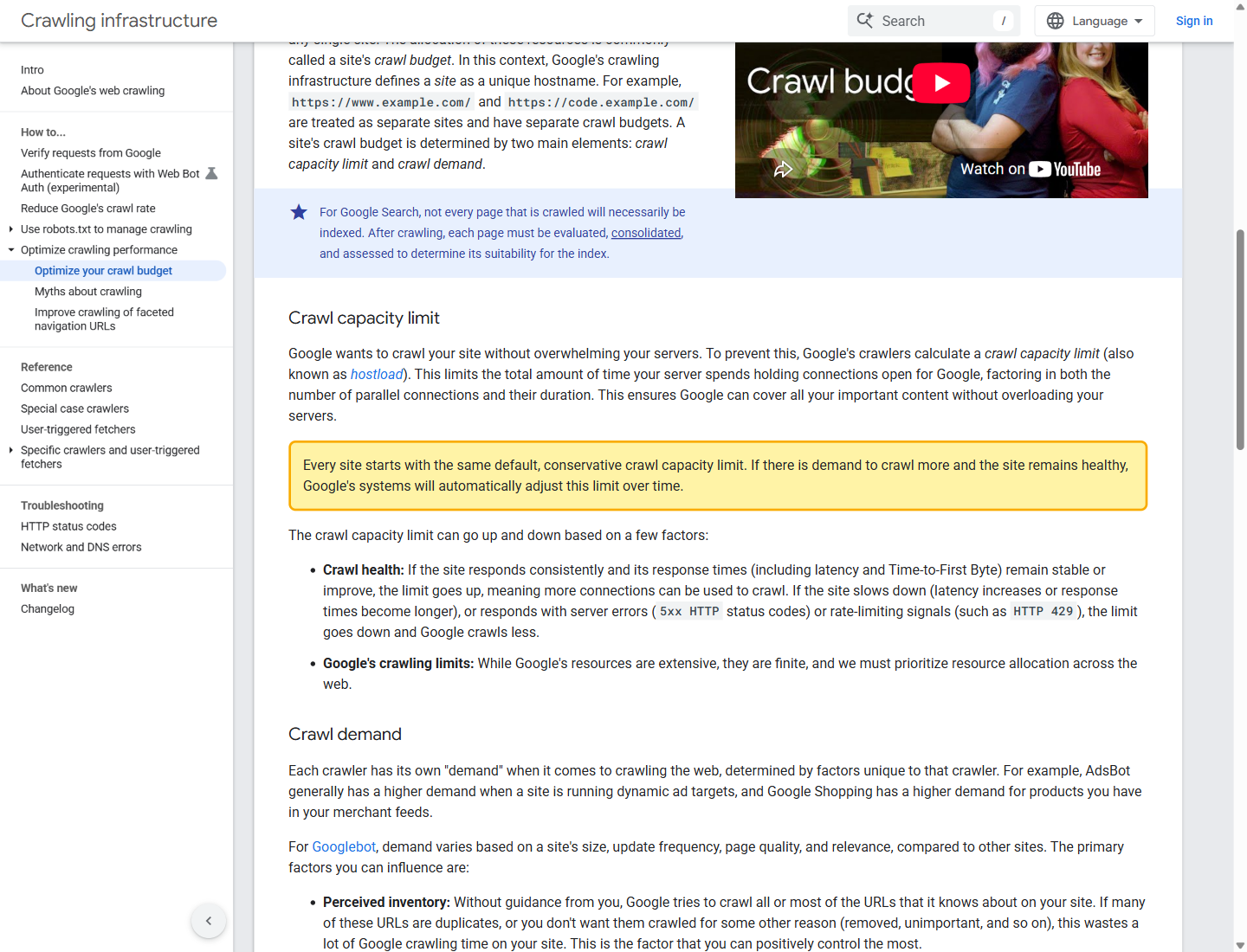 Google crawl capacity documentation highlighting the conservative default starting limit