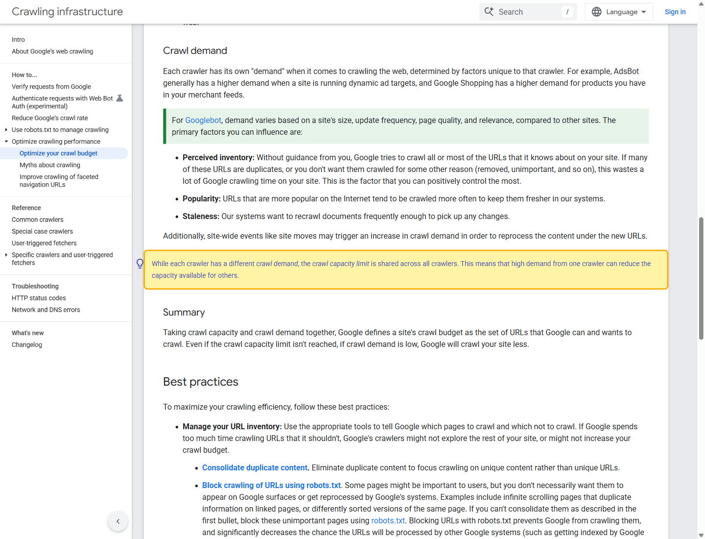 Google documentation highlighting crawl demand factors and shared crawler capacity