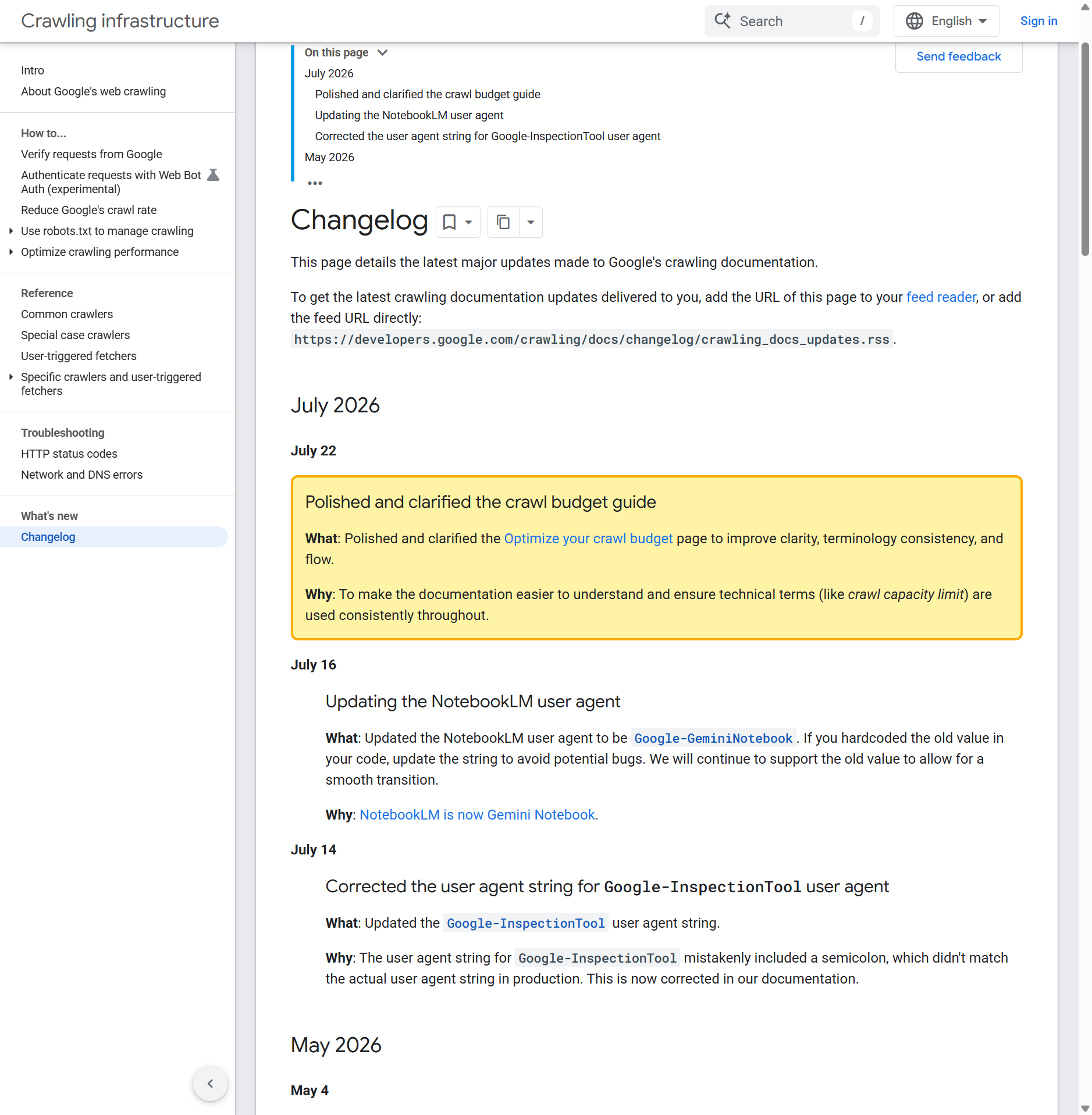 Google crawling documentation changelog highlighting the July 22 2026 crawl budget clarification