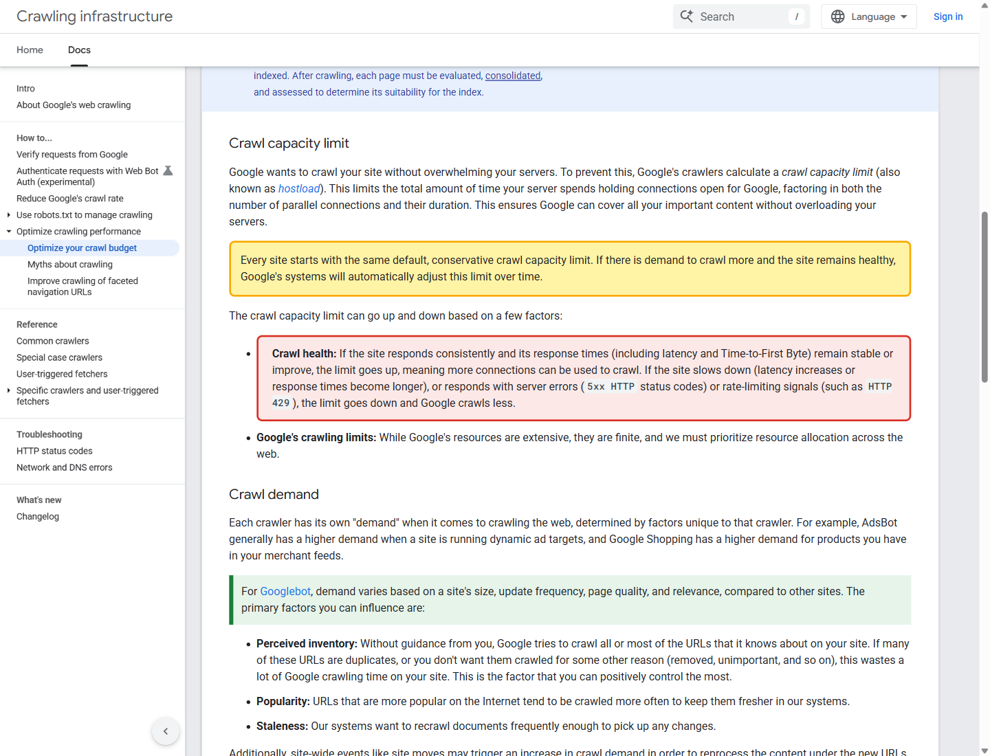 Google crawl health documentation highlighting TTFB latency 5xx and HTTP 429 signals