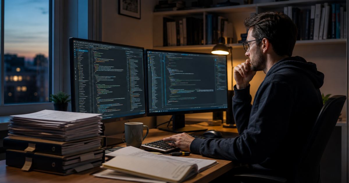 Developer reviewing a long GPT-5.6 Sol coding session across two monitors with accumulated project files