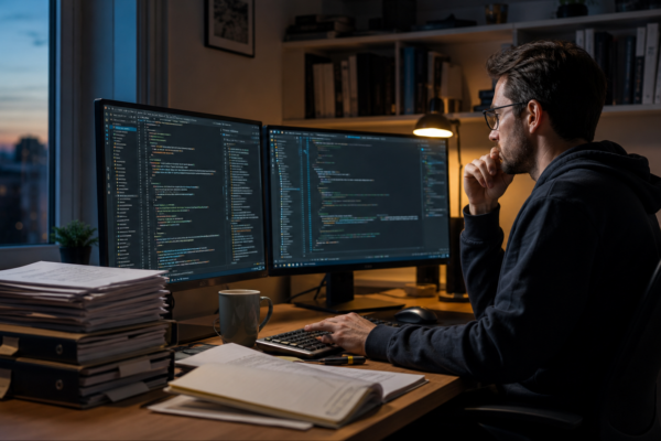 Developer reviewing a long GPT-5.6 Sol coding session across two monitors with accumulated project files