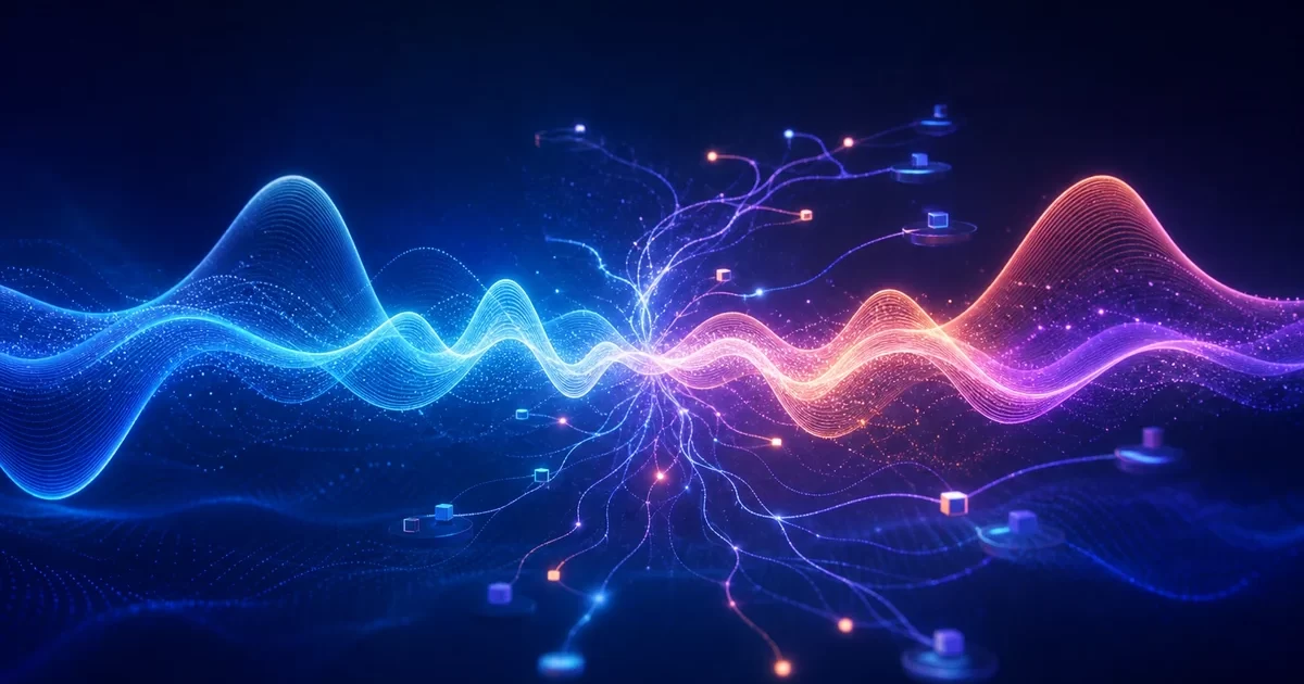 Abstract intersecting audio waveforms representing continuous GPT-Live voice conversations and background reasoning