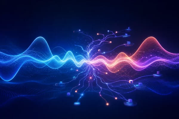 Abstract intersecting audio waveforms representing continuous GPT-Live voice conversations and background reasoning