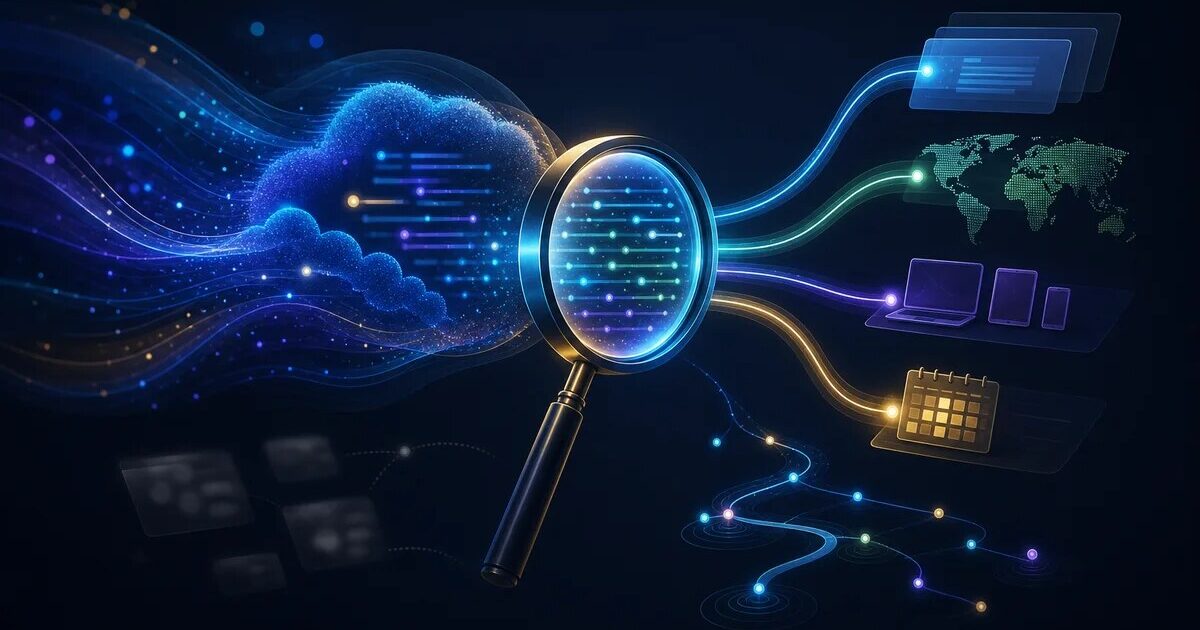 Abstract lens measuring generative AI search visibility across pages, countries, devices and dates