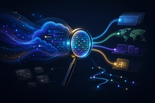 Abstract lens measuring generative AI search visibility across pages, countries, devices and dates