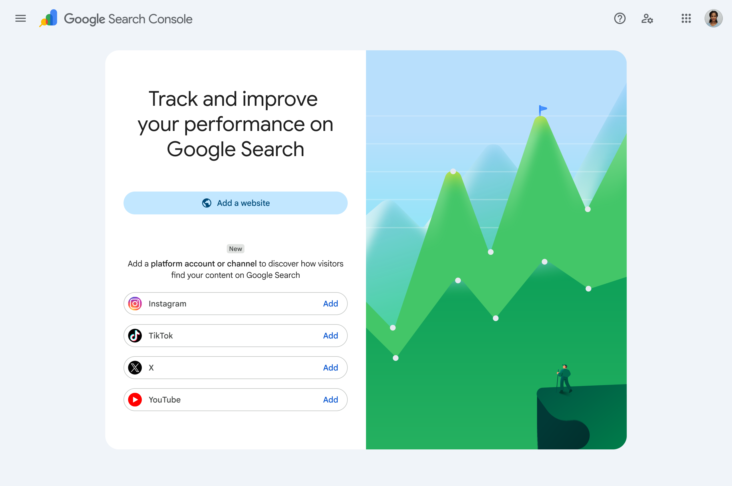 Official illustrated Google Search Console screen for adding Instagram, TikTok, X, or YouTube as a platform property