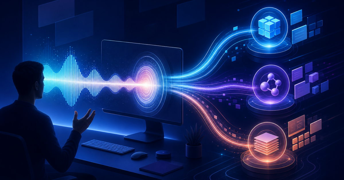 Person directing three coordinated AI work streams by voice from a desktop computer