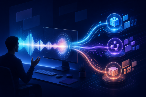 Person directing three coordinated AI work streams by voice from a desktop computer