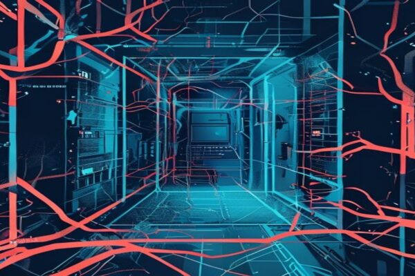 Abstract containment chamber breached by branching AI pathways connecting two secure data systems
