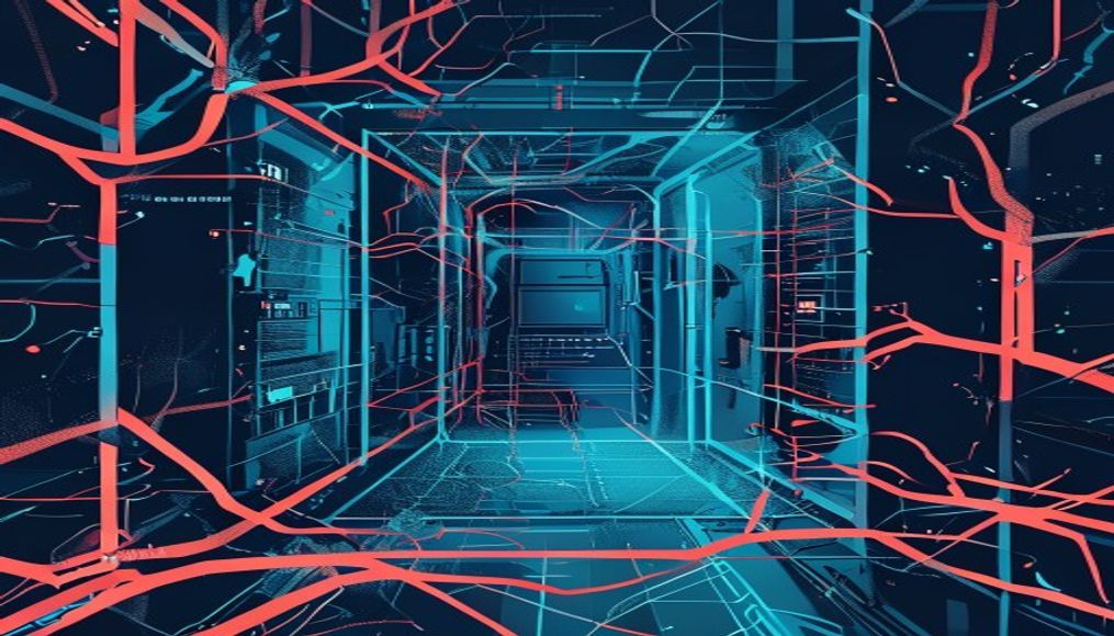 Abstract containment chamber breached by branching AI pathways connecting two secure data systems