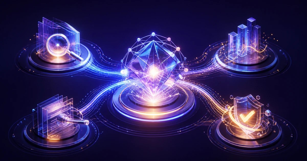 Abstract managed agent workflow connecting research, analysis, content production and a guarded approval checkpoint