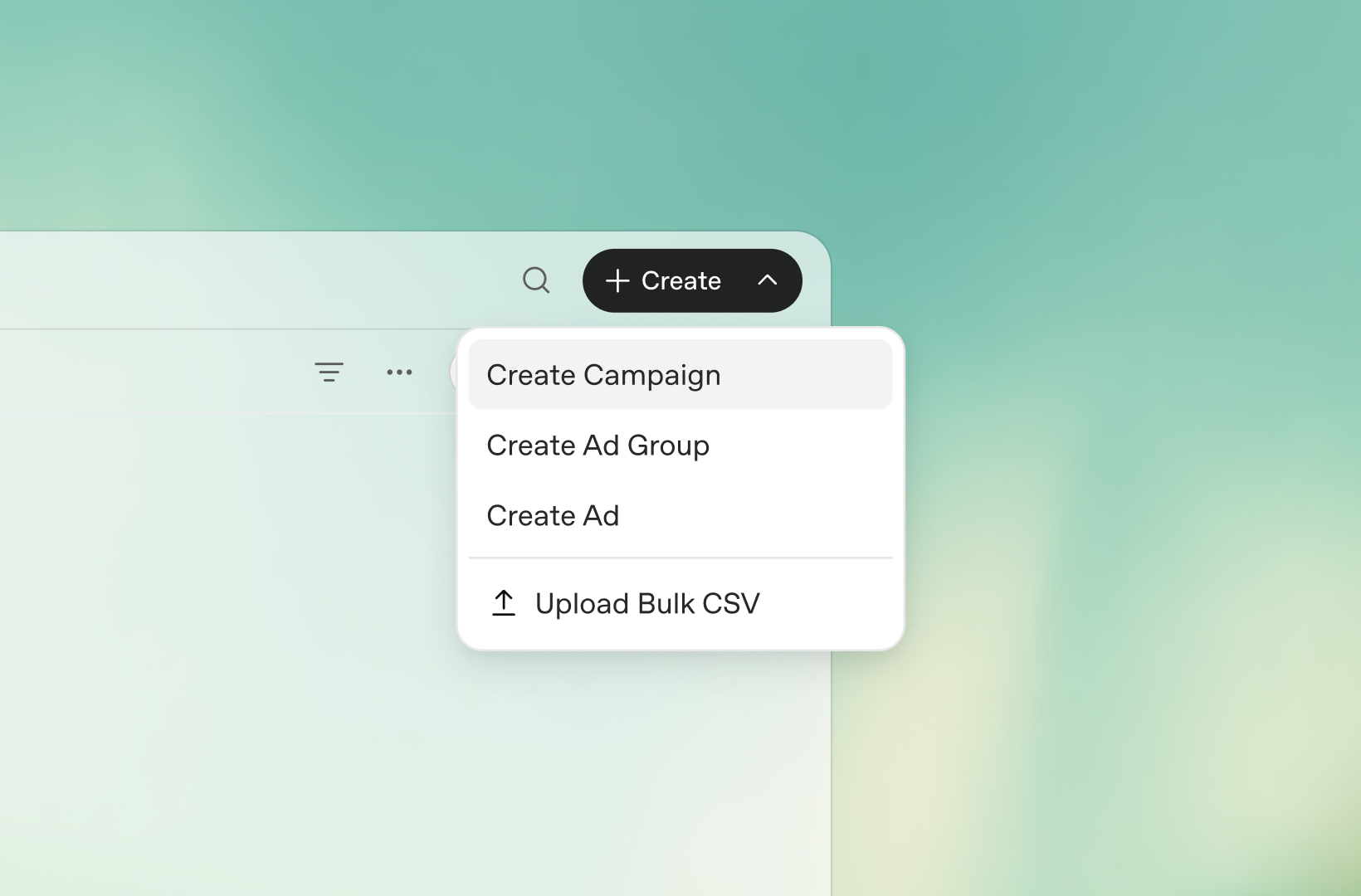 OpenAI Ads Manager Create menu with campaign, ad group, ad and bulk CSV options