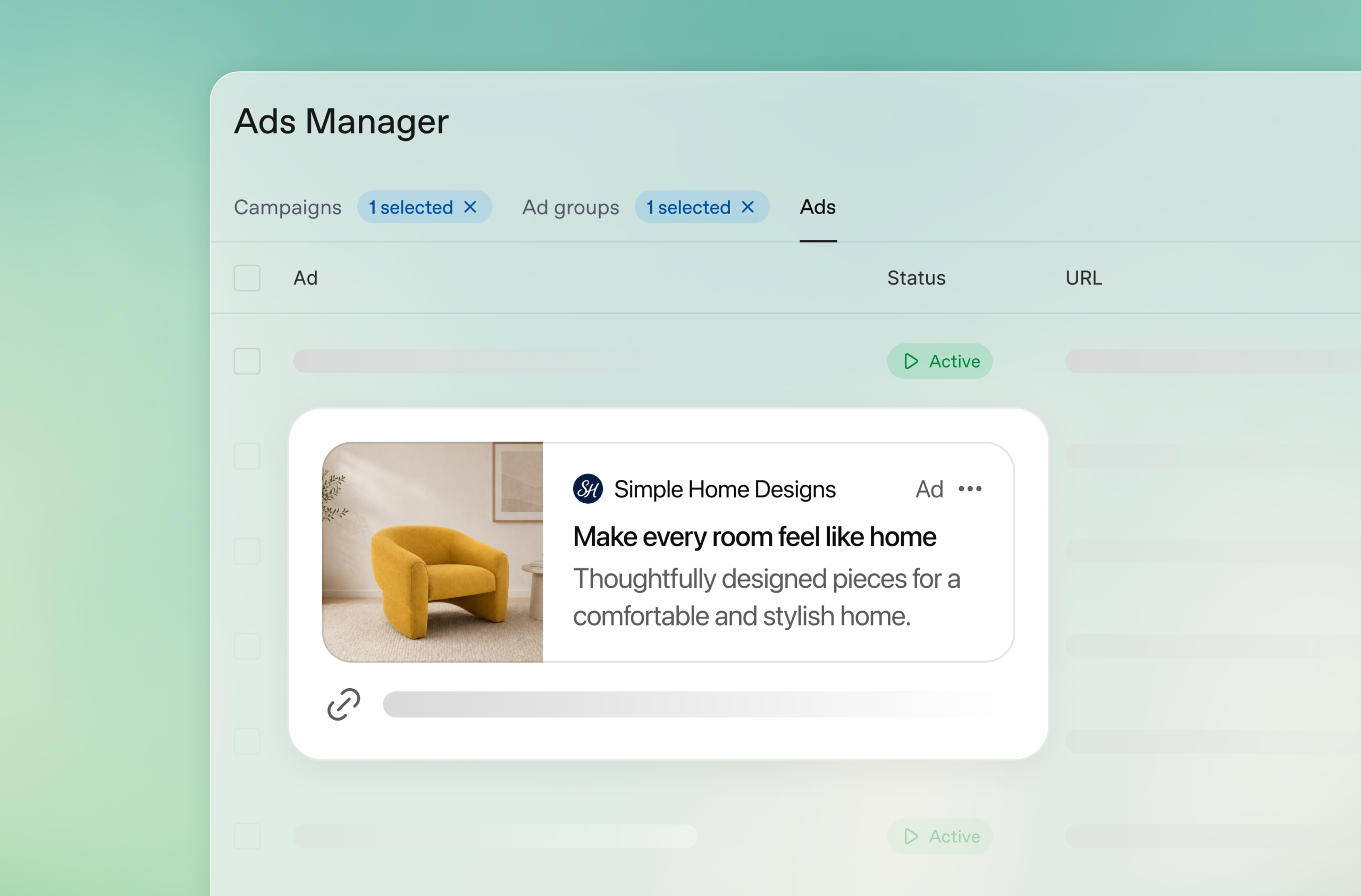OpenAI Ads Manager creative editor showing ad text, destination URL and preview