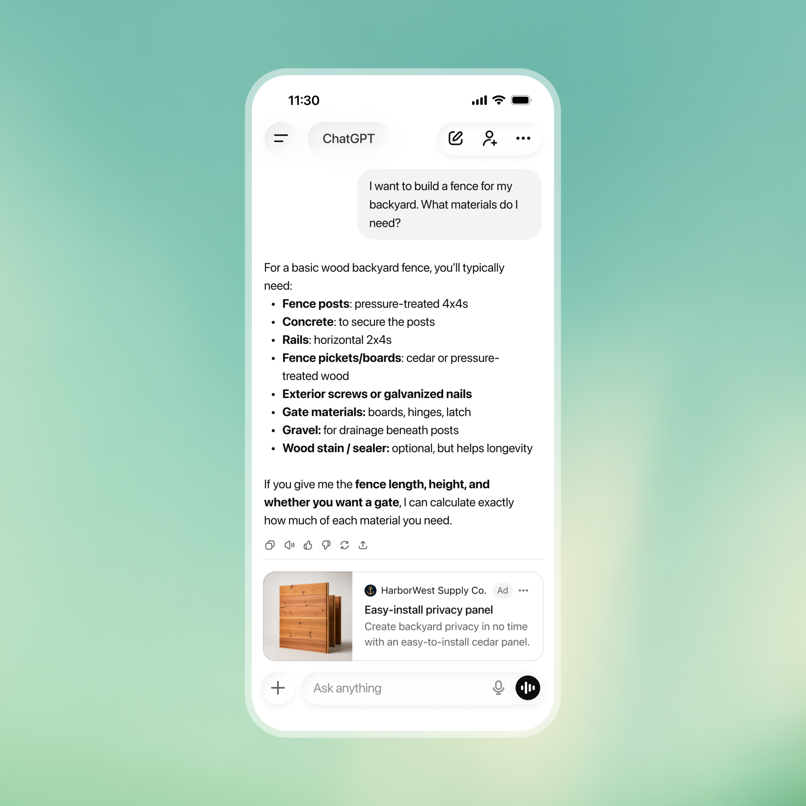 Official OpenAI example of a clearly labeled ad below a ChatGPT response