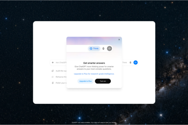 ChatGPT Free interface showing the Think button and Get smarter answers dialog