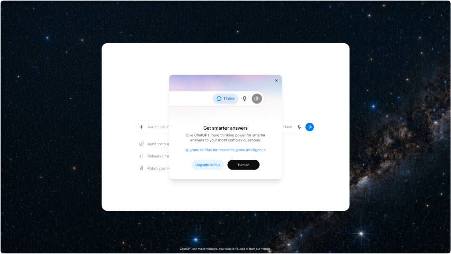 ChatGPT Free interface showing the Think button and Get smarter answers dialog