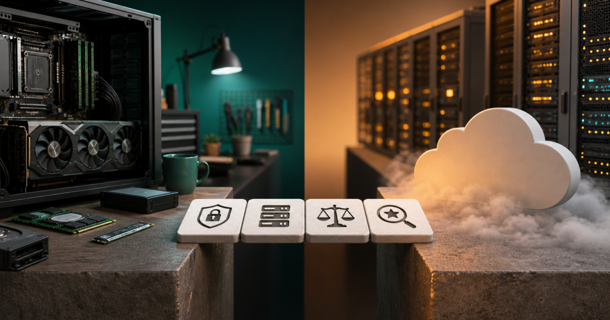 Local AI workstation and hosted cloud infrastructure connected by four decision-check tiles.