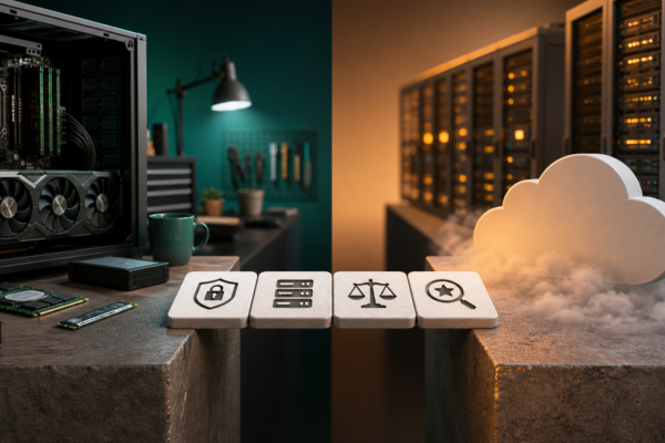 Local AI workstation and hosted cloud infrastructure connected by four decision-check tiles.