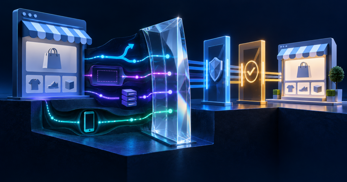 Abstract storefront browser layer showing hidden JavaScript paths, continuous observation and staged security checkpoints