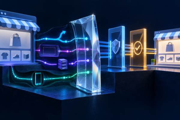 Abstract storefront browser layer showing hidden JavaScript paths, continuous observation and staged security checkpoints