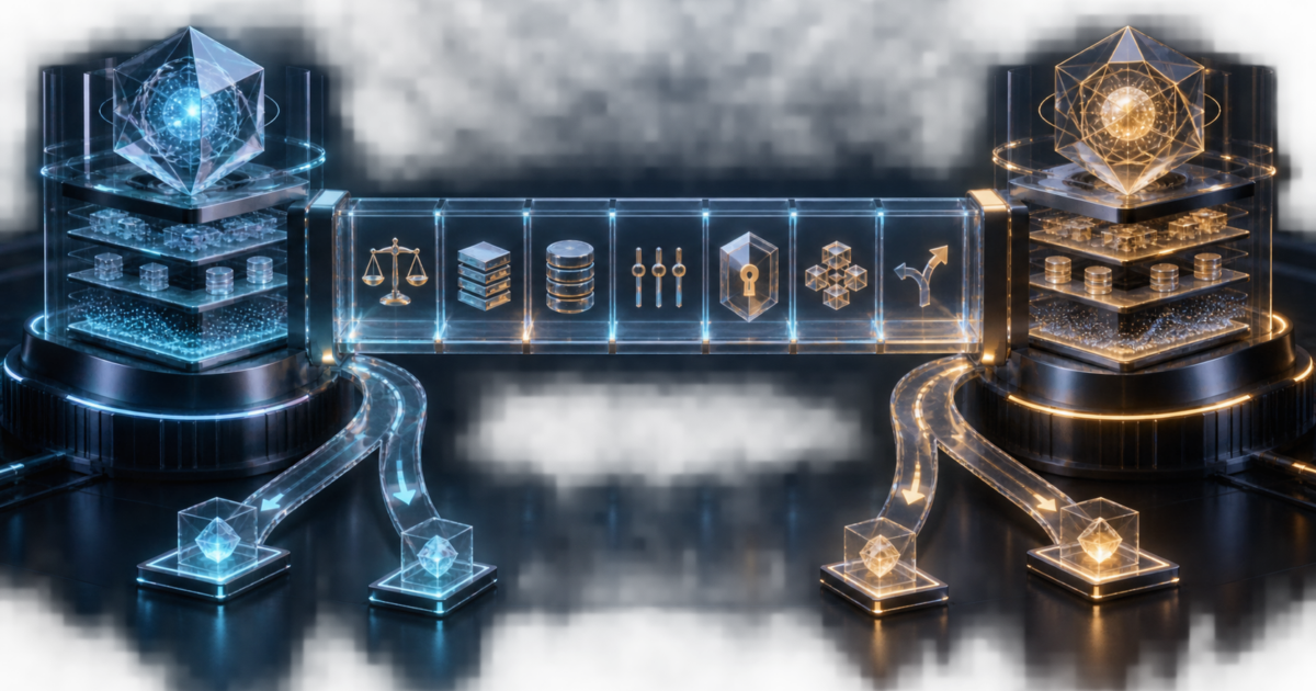 Abstract enterprise AI systems linked by a transparent governance bridge with layered controls and exit paths