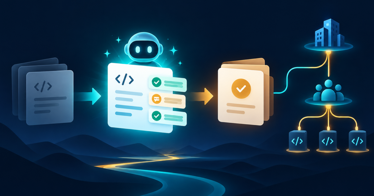 Abstract pull request cards move through a review flow beside a branching organization settings tree