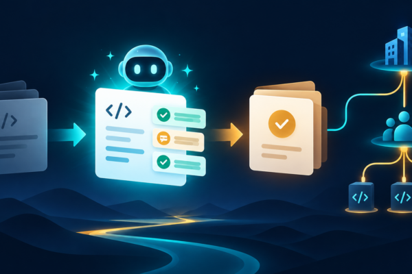 Abstract pull request cards move through a review flow beside a branching organization settings tree