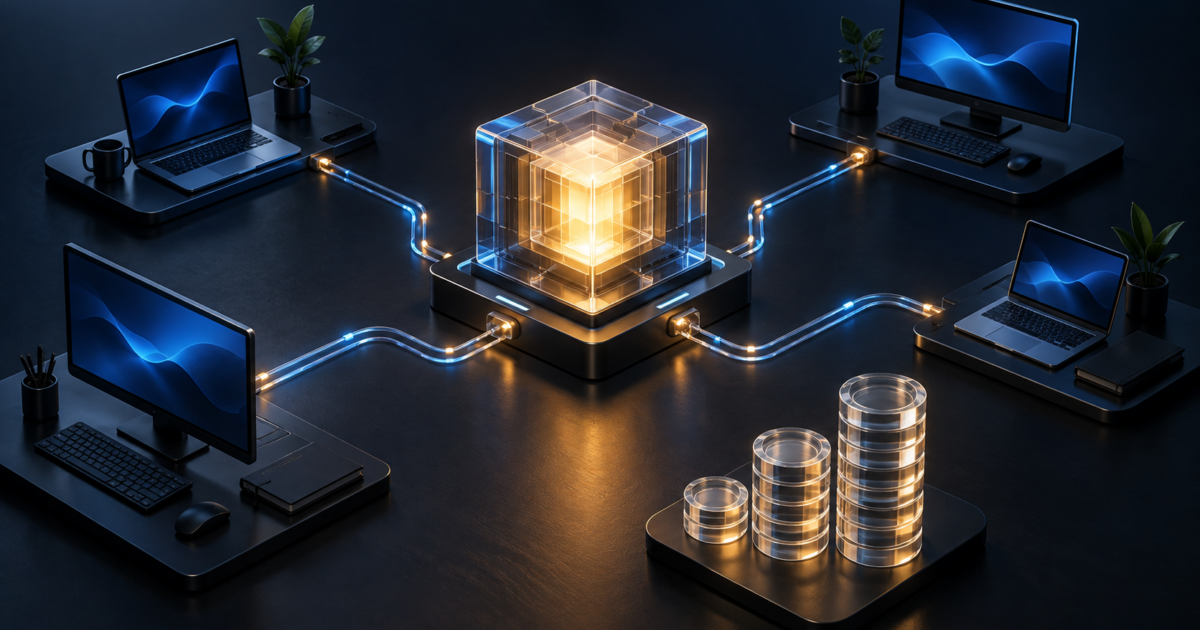 Abstract coding workstations connected to a glowing model core and transparent usage counters