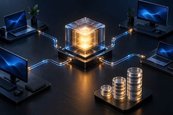 Abstract coding workstations connected to a glowing model core and transparent usage counters