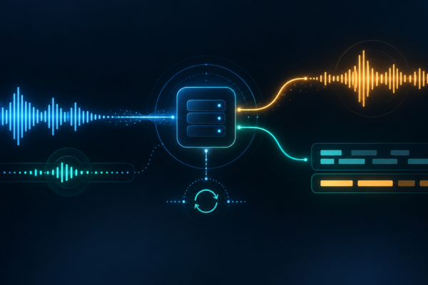 Real-time voice app architecture splitting audio into spoken response and live transcription paths