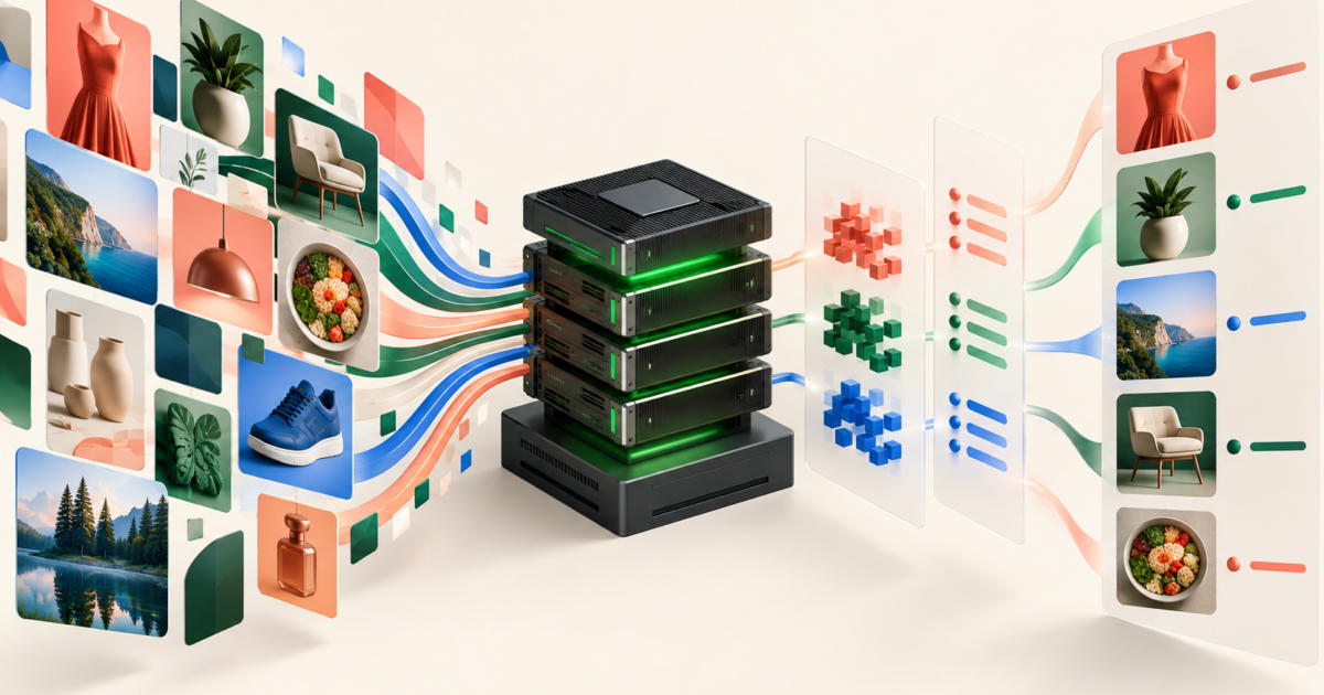 Abstract visual-discovery images flowing through a multimodal AI serving layer