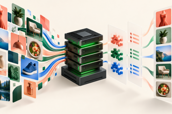 Abstract visual-discovery images flowing through a multimodal AI serving layer