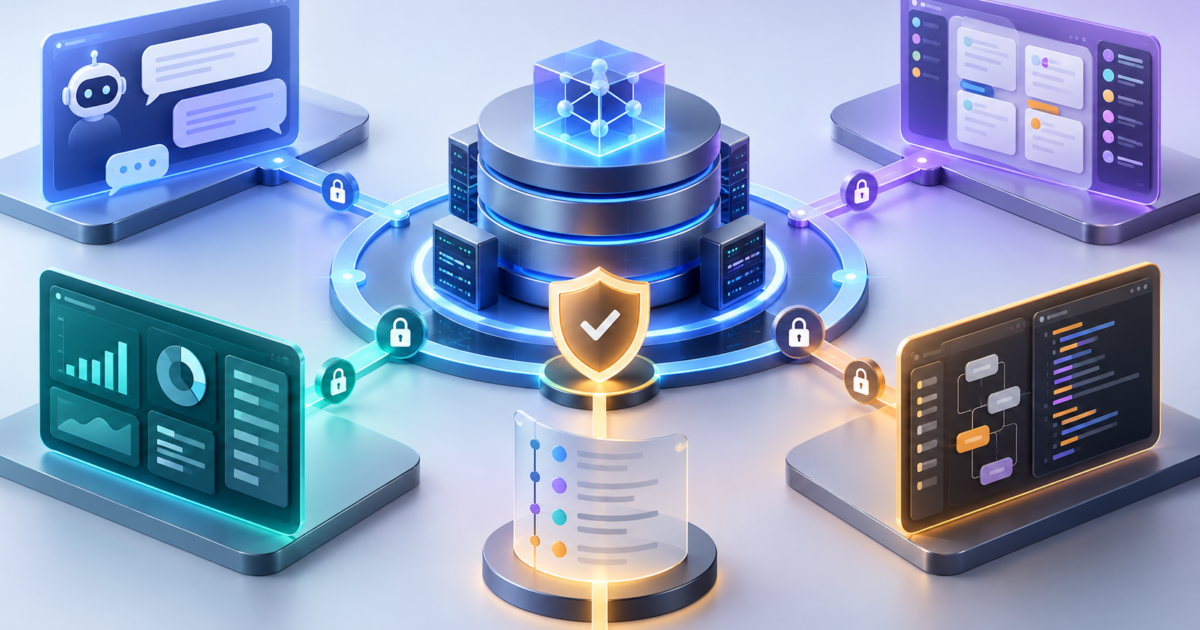 Abstract CRM data foundation branching into governed AI interfaces