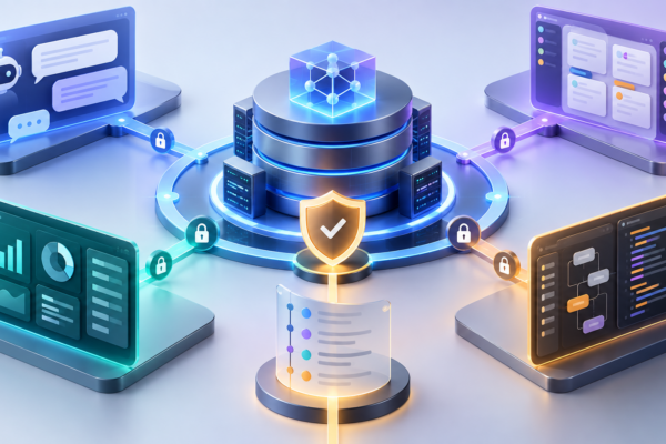 Abstract CRM data foundation branching into governed AI interfaces
