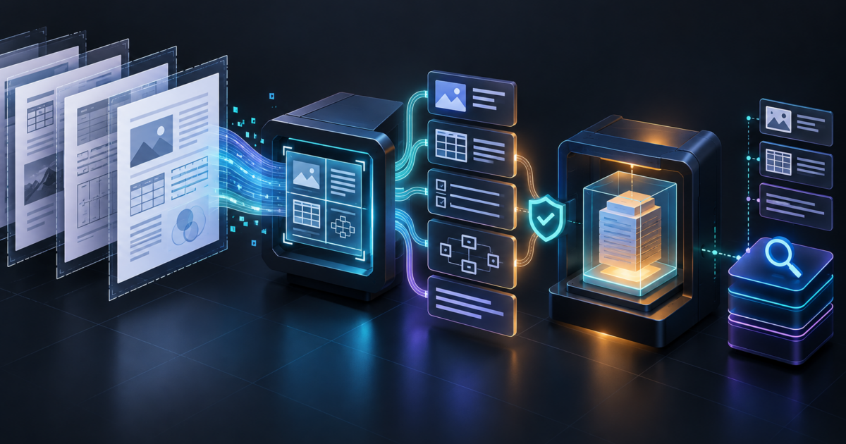 Enterprise document pages transformed into structured Markdown blocks in a secure model vault