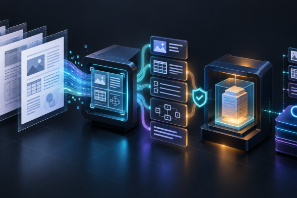 Enterprise document pages transformed into structured Markdown blocks in a secure model vault
